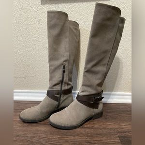 Taupe and brown knee high boots